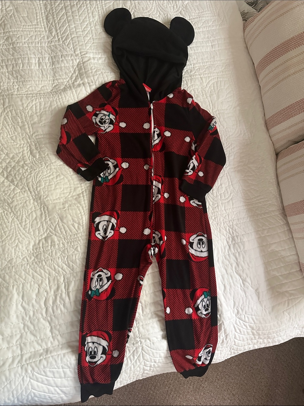 Disney Red and Black Plaid Mickey Mouse Hooded One-Piece Footie